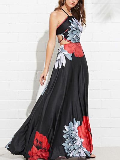 Elegant Black Floral Printed Backless Woman Maxi Dresses