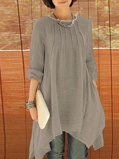 Cotton and Linen Woman Long Sleeve Daily Loose Shift Dresses