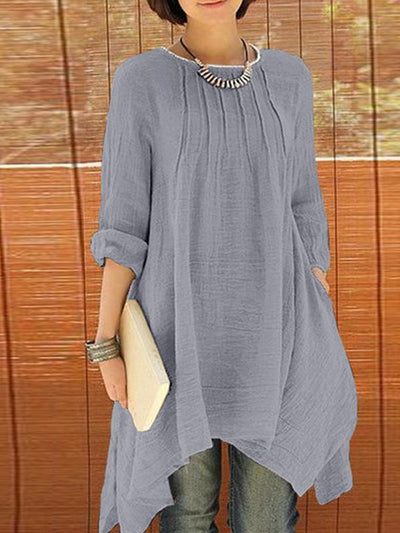 Cotton and Linen Woman Long Sleeve Daily Loose Shift Dresses