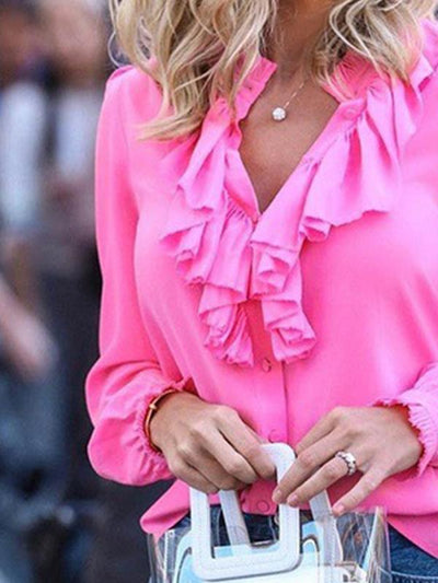 Solid color ruffled v-neck chiffon blouses