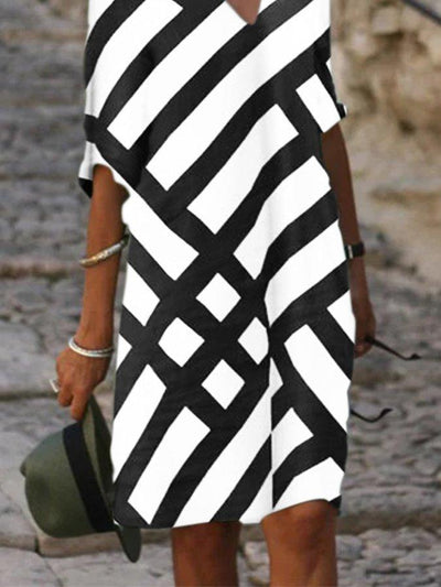 Casual V Neck Geometric Long Sleeve Dresses