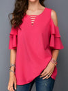 Round collar off shoulder flared sleeves loose chiffon T-shirts