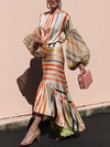 Rainbow stripe two-piece dress long sleeves round collar maxi dresses