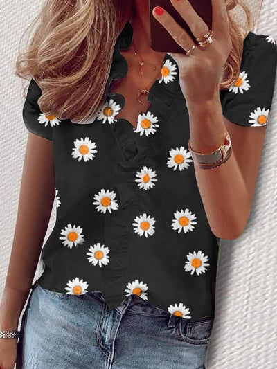 Summer flounce short sleeve Daisy printed v-neck shirt blouses