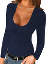 Women U neck sexy buttoned plain long sleeve T-shirts Basic tops