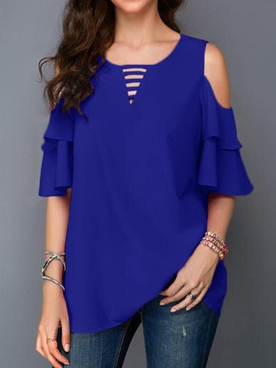 Round collar off shoulder flared sleeves loose chiffon T-shirts