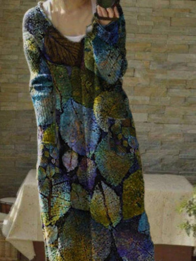 Leaves Printed V Neck Long Sleeve Sexy Dresses