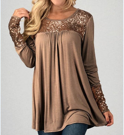 Round Neck Sequins Patchwork Long Sleeve T-Shirts