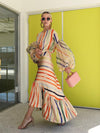 Rainbow stripe two-piece dress long sleeves round collar maxi dresses
