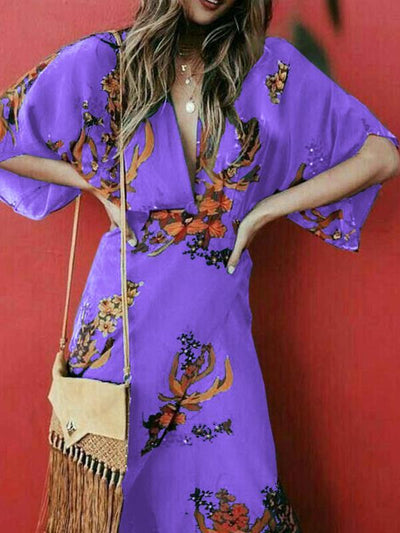 V-neck slit fashion floral printed maxi dresses
