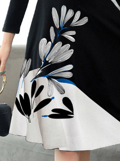 Round Neck Long Sleeve Elegant Flower Printed Skater Dresses