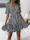Fashionable Printed Stripe Lace Short Sleeve Skater Dresses