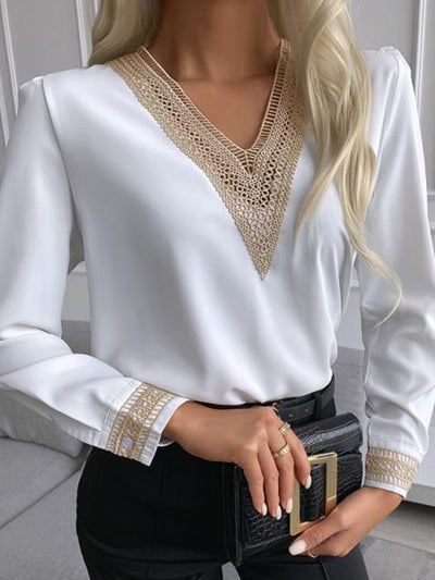 Women v neck lace long sleeve plain elegant blouses
