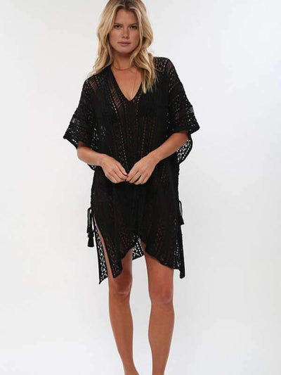 Loose Hollow Vacation Half Sleeve V Neck Beach Cover-Ups Vacation Dresses