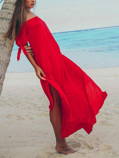 Plain Off Shoulder Chiffon Young Tie Sleeve Long Vacation Dresses