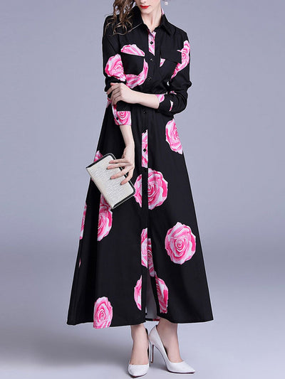 Flower Printed Woman Elegant Long Sleeve Maxi Dress