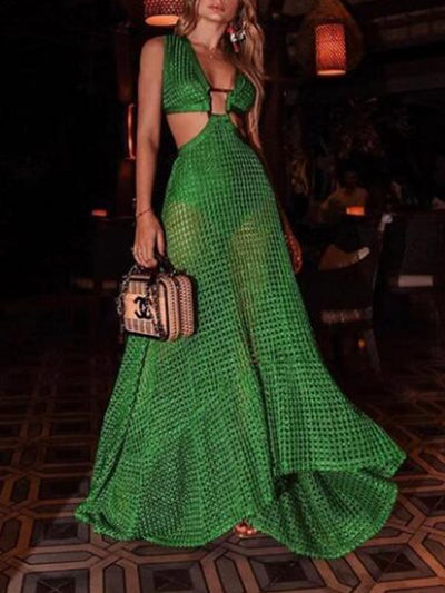 Elegant sexy women green backless maxi dresses vacation dresses