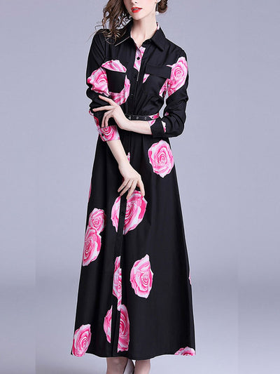 Flower Printed Woman Elegant Long Sleeve Maxi Dress