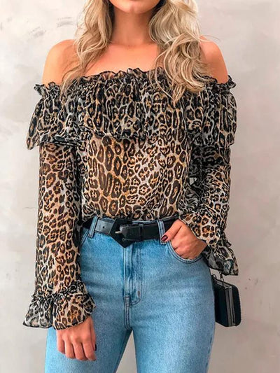 Stylish off shoulder women leopard printed long sleeve chiffon blouses