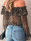 Stylish off shoulder women leopard printed long sleeve chiffon blouses