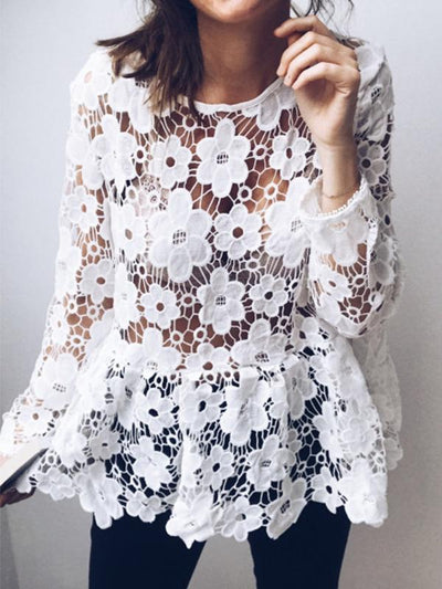 Sexy Hollow Out White Daily Falbala Blouses