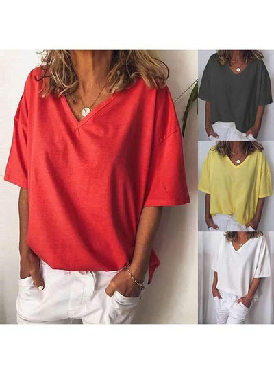 Loose Casual Plus Size Women V CollarPlain T-shirts