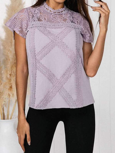 Casual sweet floral cutout lace short sleeve round neck T-shirt