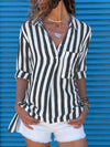 Lapel Pocket Striped Long Sleeve plus size Blouses
