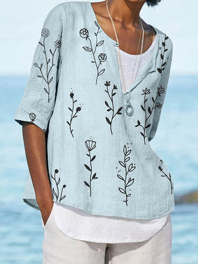 Cotton and linen blend printed button blouses