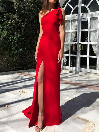 Elegant One off shoulder red plain Women Long Evening Party Dresses