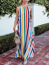 Woman Rainbow Colorful Stripe Backless Vacation Dresses