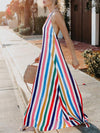 Woman Rainbow Colorful Stripe Backless Vacation Dresses