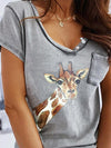 V neck button design printed women T-shirts