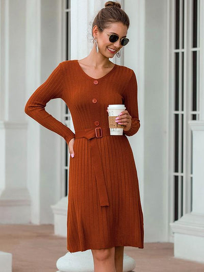 Casual v-neck knit long sleeve button maxi dresses