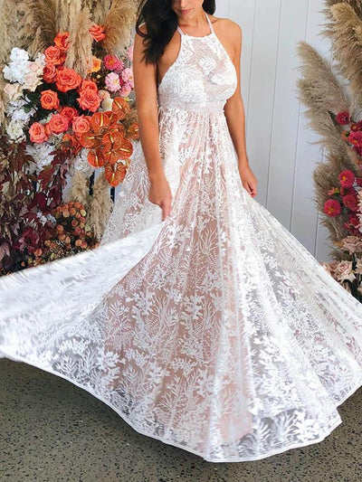 Lace halter sleeveless backless long customized evening dresses