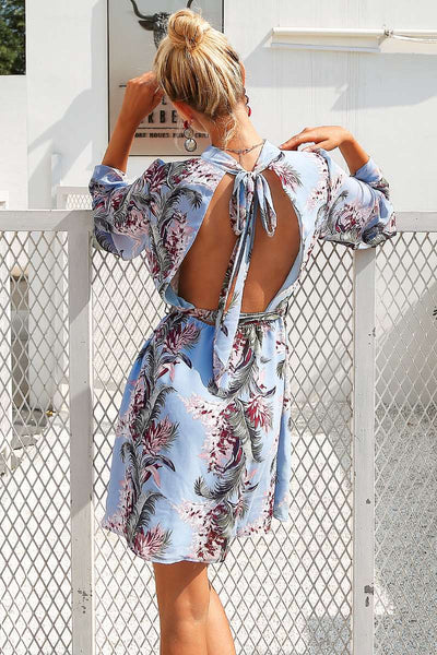 Sexy Print Mandarin sleeve Backless Lacing Shift Dresses