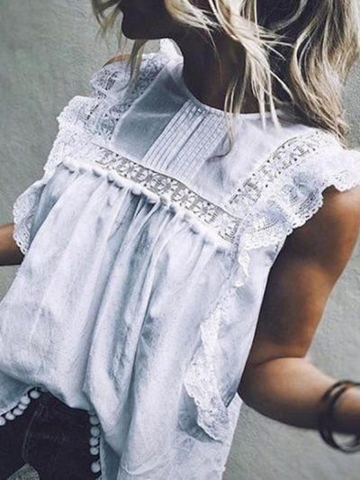 Women Chic Fashion Plain Lace Round Neck Sleeveless T-shirts