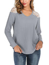 Lace patchwork shoulder v-neck long-sleeved  T-shirts