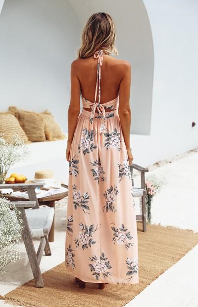 Halter Backless High Slit Floral Printed Sleeveless Maxi Dresses