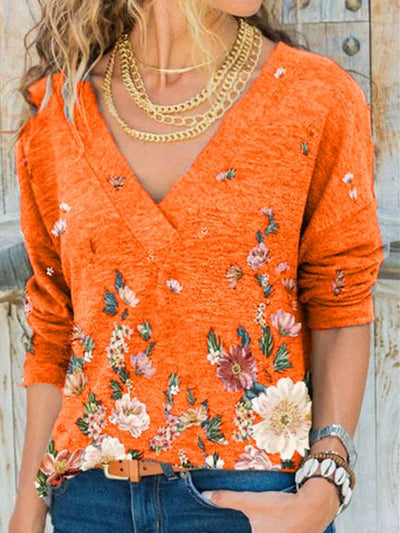 V neck Long Sleeve Flower and butterfly Printed T-shirts