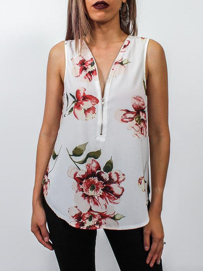 Sexy Fashion Floral Zipper V neck  T-Shirts
