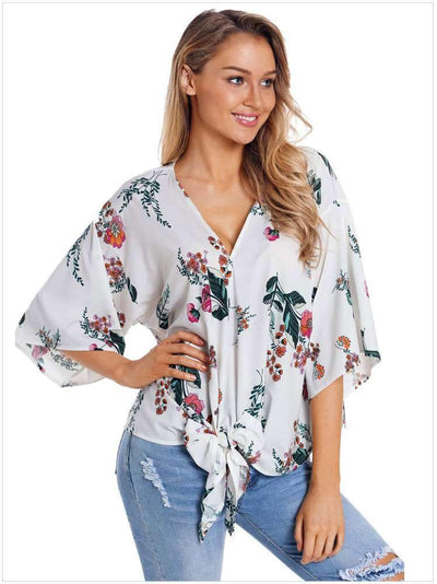 Floral V neck Batwing sleeve Loose T-Shirts