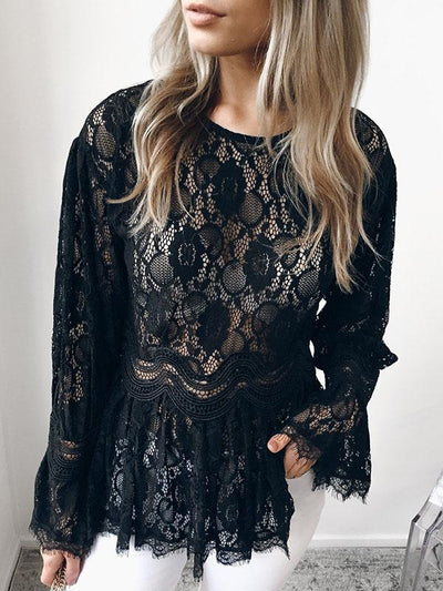 Sexy lace Round neck Long Sleeve T-shirt Top