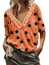Polka dot lace patchwork v neck women fashion T-shirts