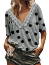 Polka dot lace patchwork v neck women fashion T-shirts