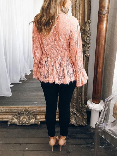 Sexy lace Round neck Long Sleeve T-shirt Top