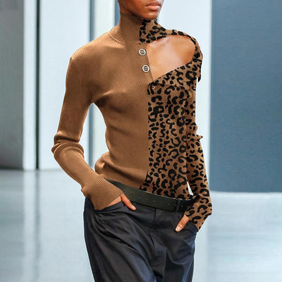 Casual High Collar Single-breasted Splicing Leopard Print Coloring Sweater
