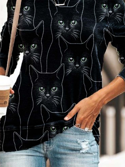 Long Sleeve Cat Printed Cute T-Shirts