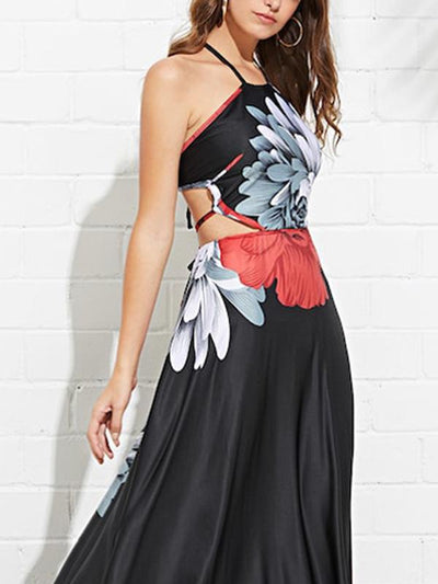 Elegant Black Floral Printed Backless Woman Maxi Dresses