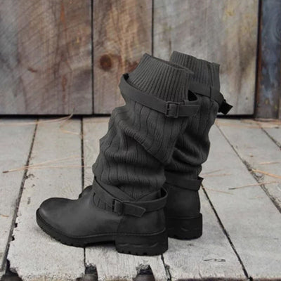Vintage Comfy Sweater Boots PU Paneled Adjustable Buckle Casual Boots